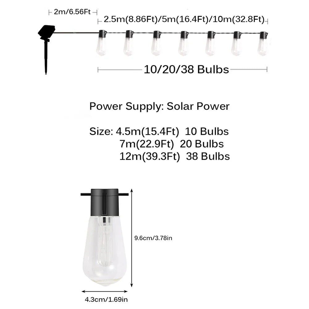 Solarne lampki LED 20/38 żarówek, wodoodporne, dekoracyjne girlandy