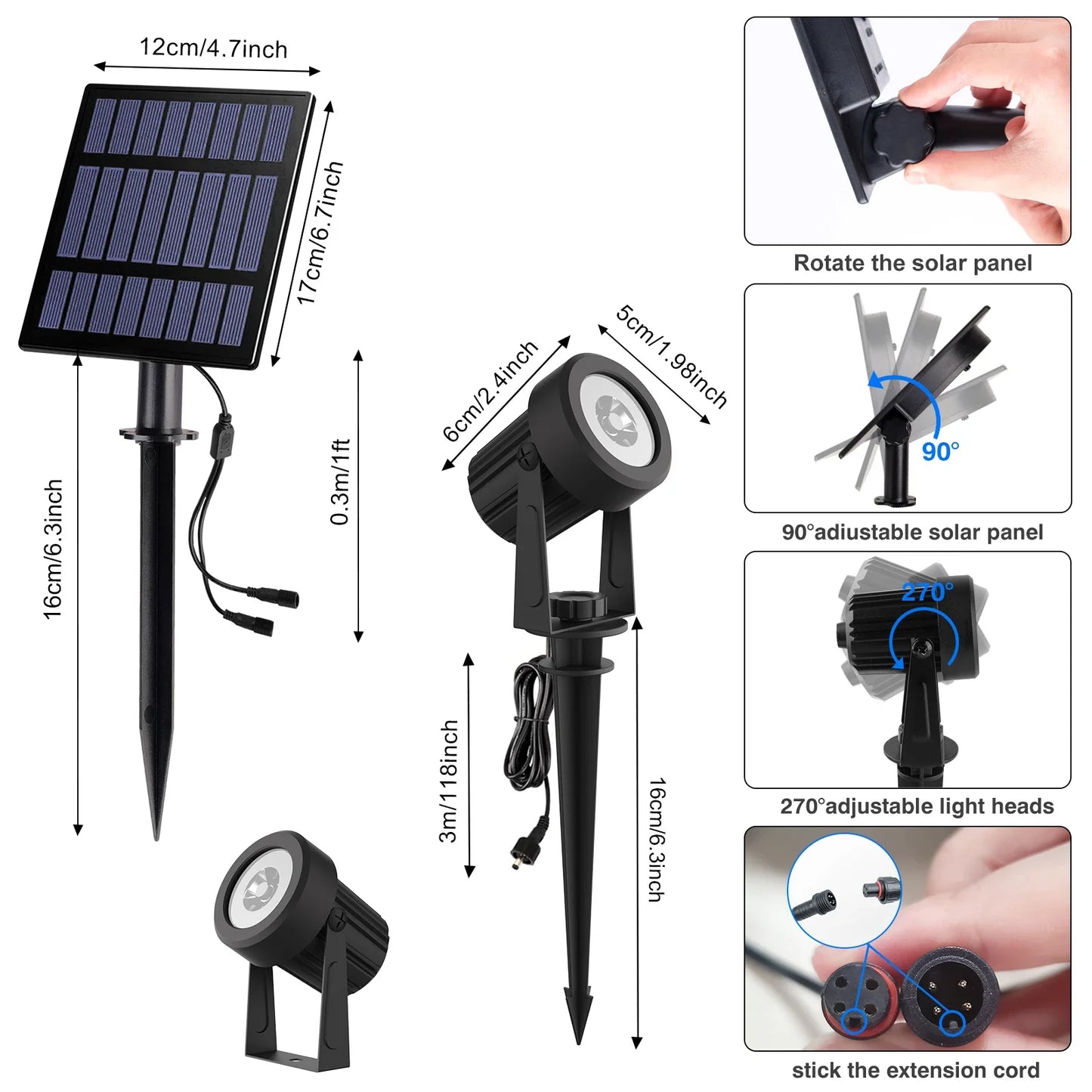 Solarna lampa LED 3000K/6000K/RGB, wodoodporna IP65, do ogrodu i na ścianę