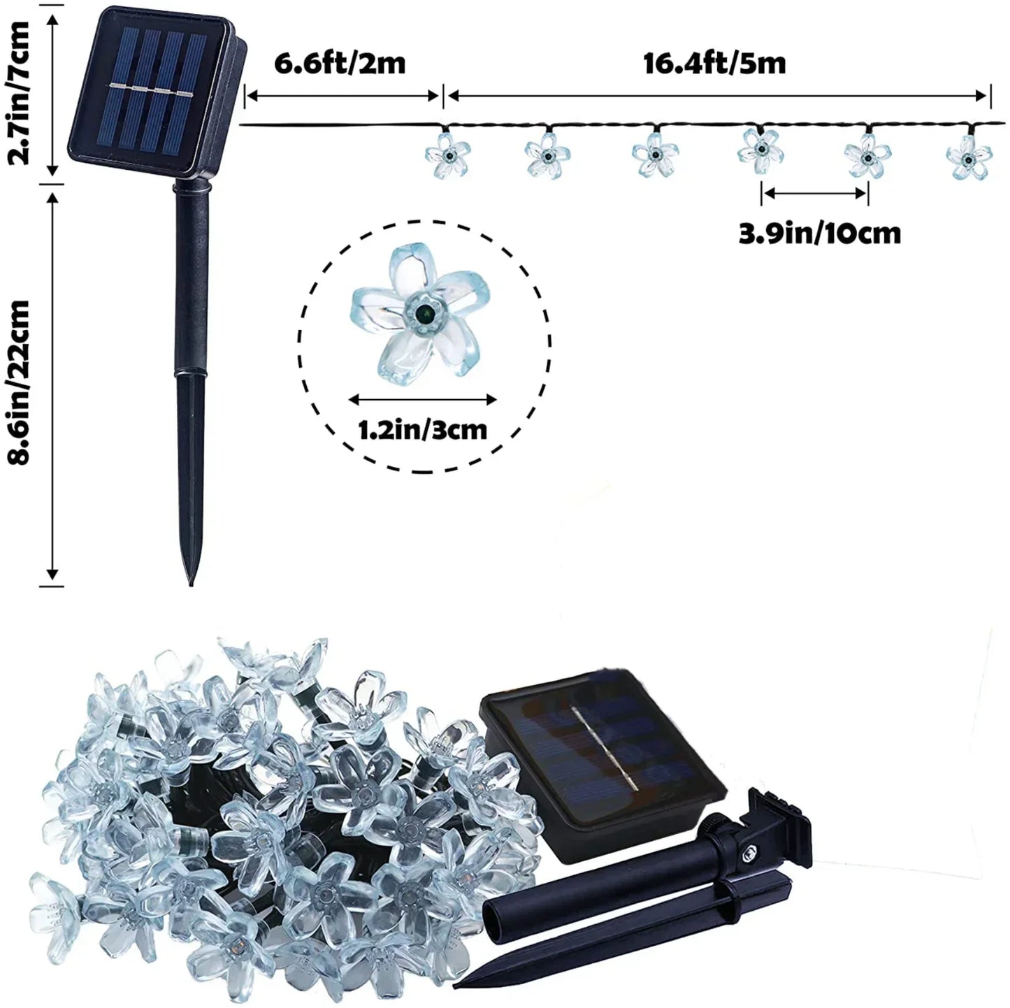 12M solarne lampki LED 100 diod, wodoodporne, 8 trybów, kwiaty wiśni